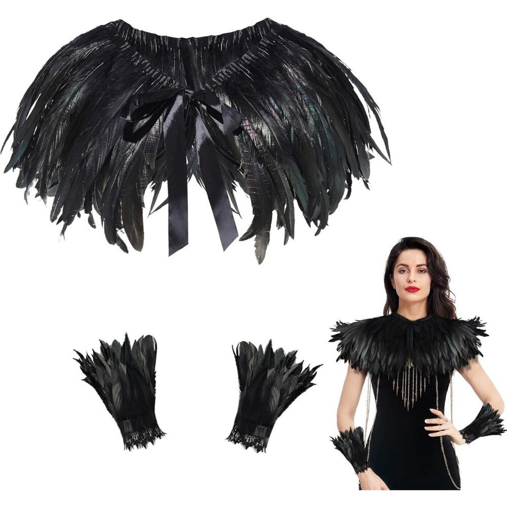 Feather Shawl Black Gothic Cape Gloves Women Halloween Cosplay Party
